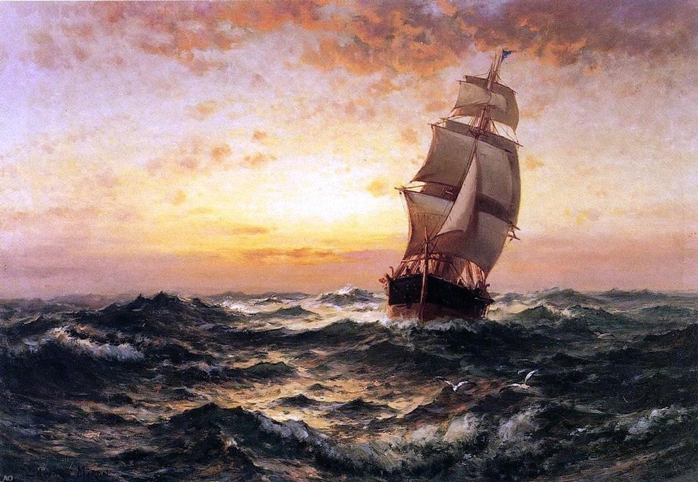 Edward Moran A Ship at Sea- Sunset, Gallery Wrapped Canvas Print, 18"x27"