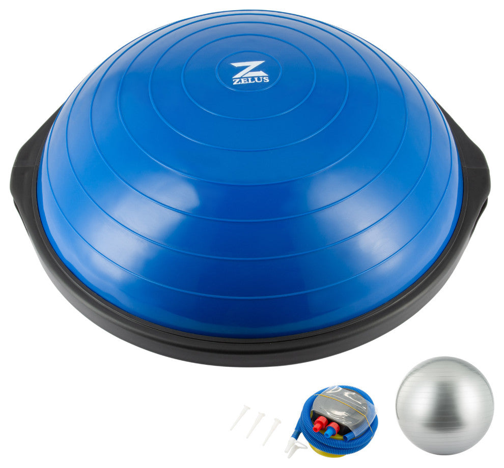 Balance Board Half Yoga Ball, Wobble Board With 2 Resistance Bands, Pump, Blue