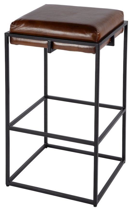31" Seat Height Leather and Iron Backless Bar Height Stool With Footrest