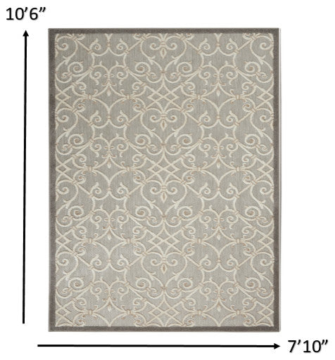 8' X 11' Gray And Ivory Floral Indoor Outdoor Area Rug