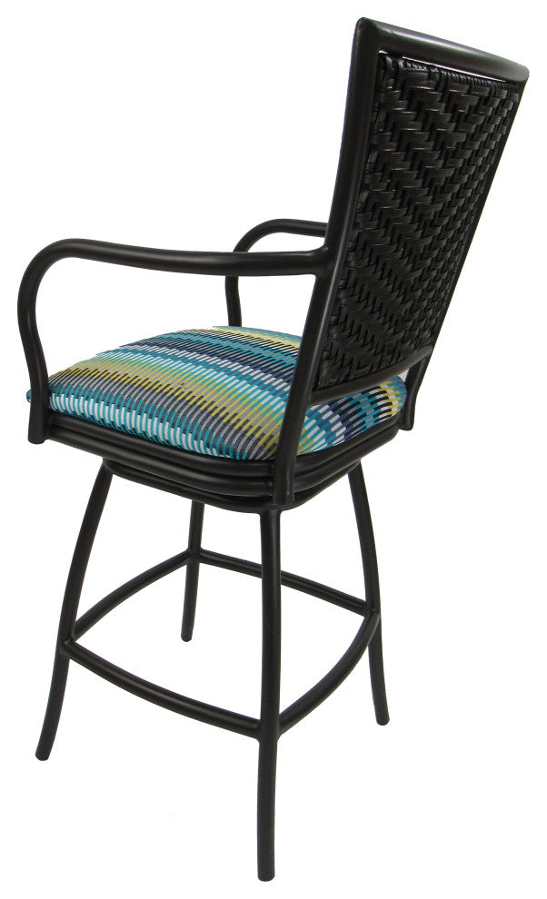 Set of 3, Outdoor/Indoor Swivel Bar Stools Erin, Aqua Sun Stripe on Brown, 26"