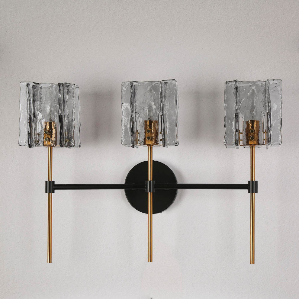 LNC Tucana Polished Gold and Matte Black Modern Wall Sconce, Textured Glass, 3 Lights