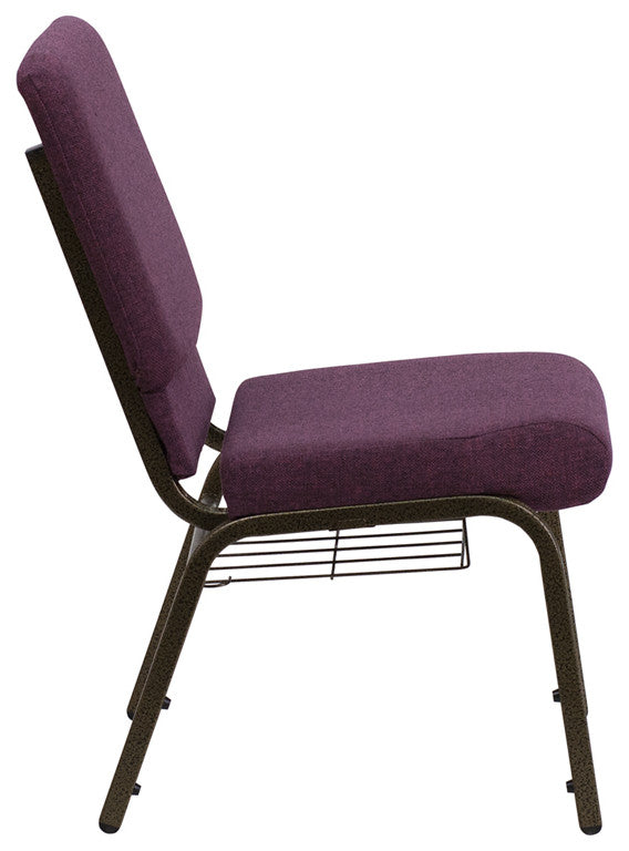 HERCULES 18.5'W Church Chair in Plum Fabric,Cup Book Rack - Gold Vein Frame