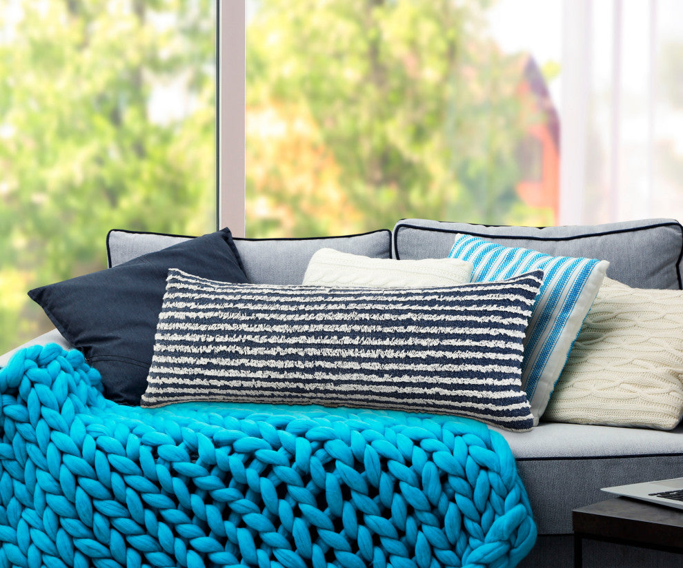 Ox Bay Hand-stitched Blue/White Stripe Organic Cotton Pillow Cover, 14"x36"