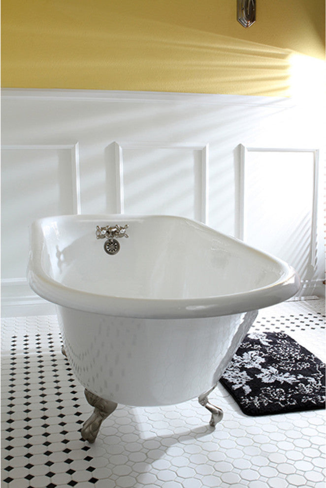 60" Roll Top Clawfoot Tub w/3-3/8" Wall Drillings, White/Brushed Nickel