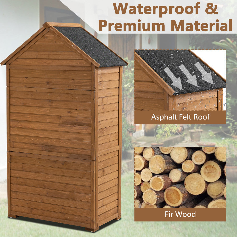 Outdoor Storage Shed with 3 Removable Shelves and Waterproof Roof, Brown