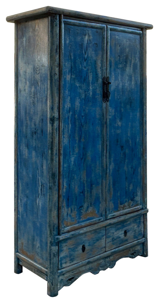 Distressed Bright Blue Tall Oriental Noodle Cabinet Storage Armoire Hws4322