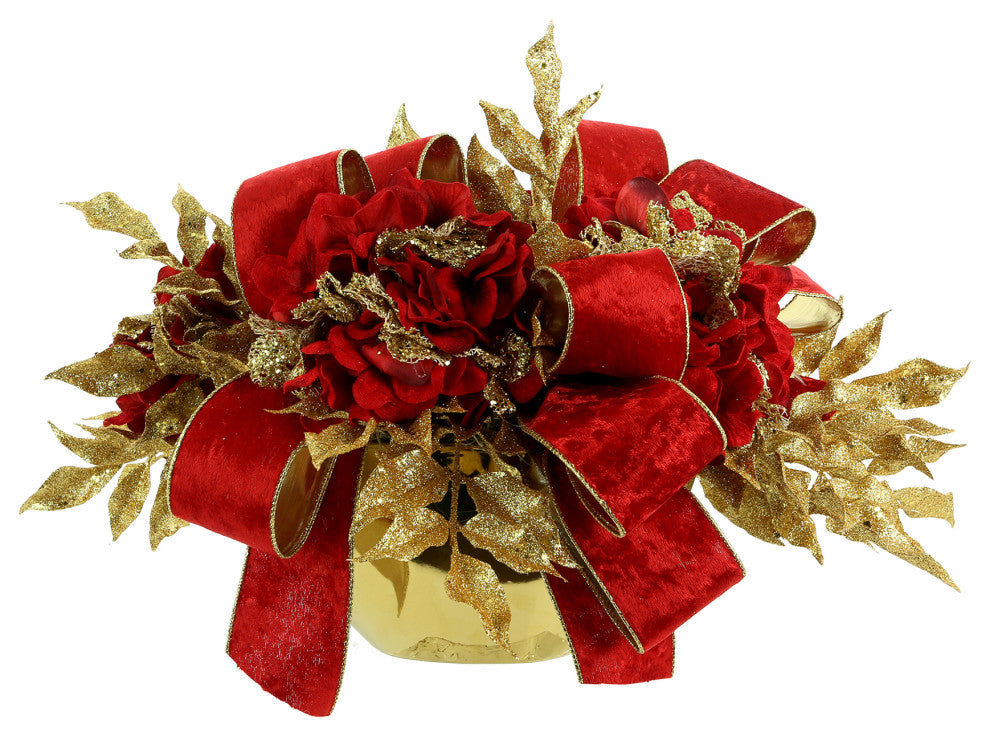 Hydrangea Holiday Arrangement with Bows in a Ceramic Container