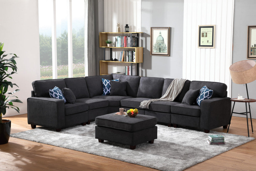 Jocelyn Dark Gray Woven 7-Piece Modular L-Shape Sectional Sofa With Ottoman