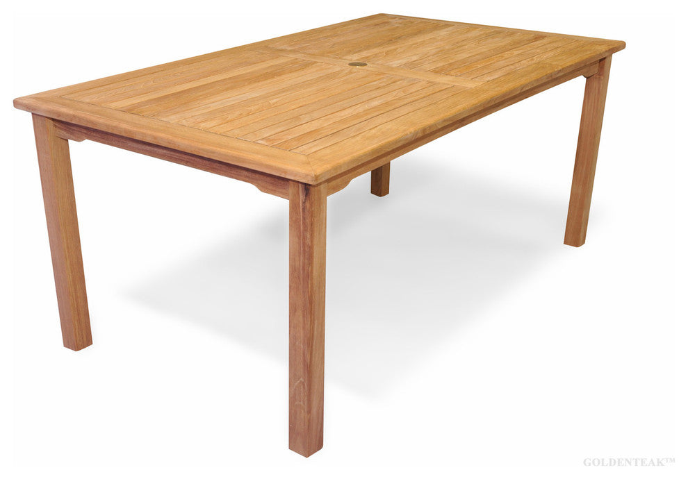 Teak Patio Dining Set, Harvest Table and Teak and Sling Providence Chairs cream