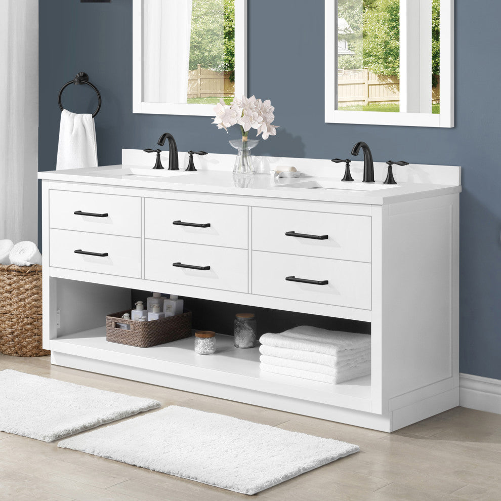 Ove Decors Rider 72" Double Sink Bathroom Vanity, White With Black Hardware