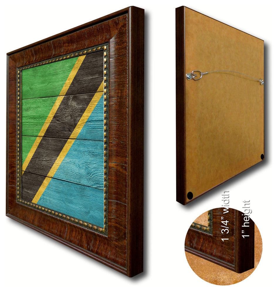 Tanzania Country Textured Flag Print With Brown Gold Frame, 15"X21"