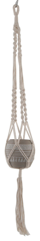 41" Hanging Macrame With Aztec Ceramic Pot, Grey