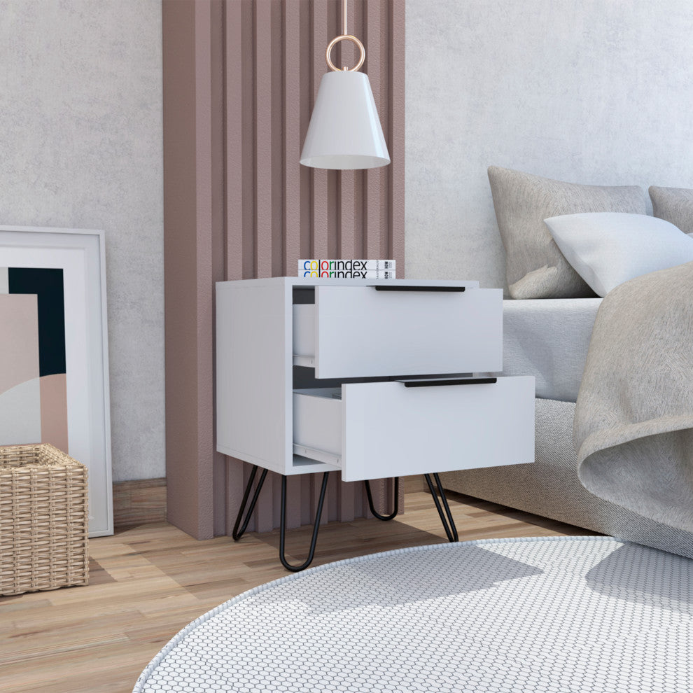 Nuvo 22-inch Tall Nightstand with 2 Drawers, and Hairpin Legs, White