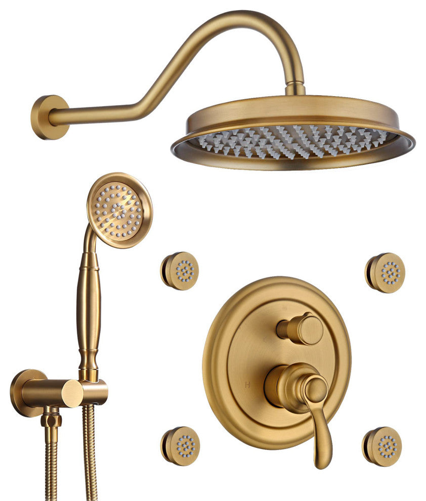 Antique Shower System with 4 Body Jets and Shower Valve, Brushed Gold