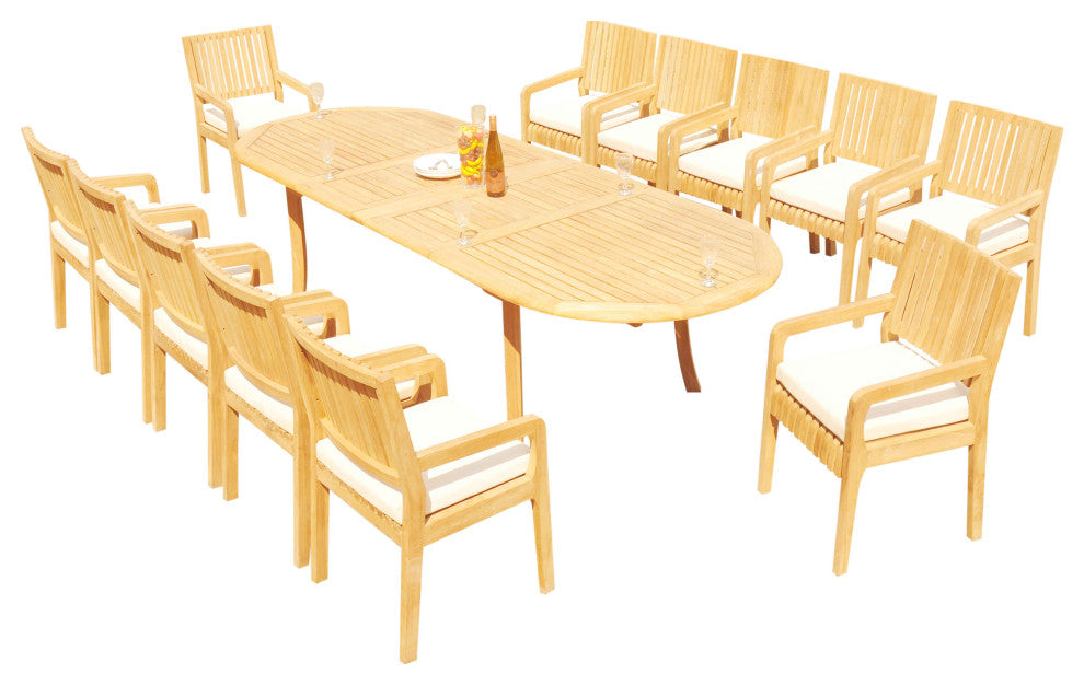 13-Piece Outdoor Teak Dining Set: 117" Oval Extn Table, 12 Maldives Arm Chairs