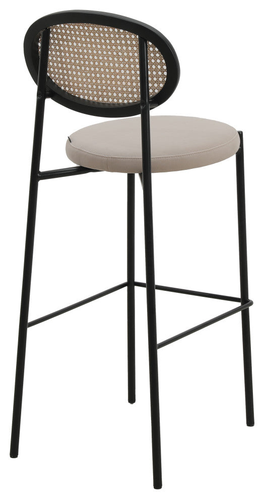 LeisureMod Euston Wicker Bar Stool With Black Steel Frame and Footrest, Beige