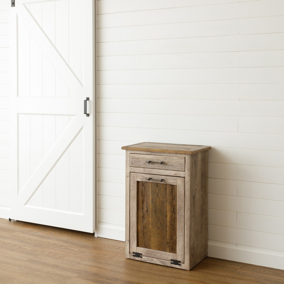 Reclaimed Oak Tilt-out Garbage Bin With Drawer, White With Warm Brown Glaze and Walnut