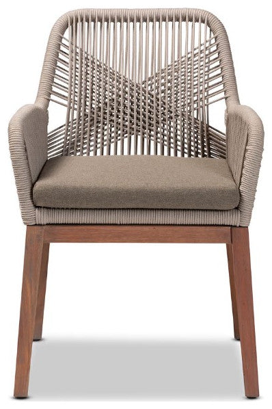 Mid-Century Transitional Gray Woven Rope Mahogany Dining Arm Chair