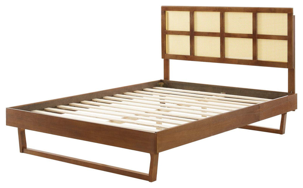 Platform Bed Frame, Queen Size, Wood, Brown Walnut, Modern Mid-Century, Bedroom