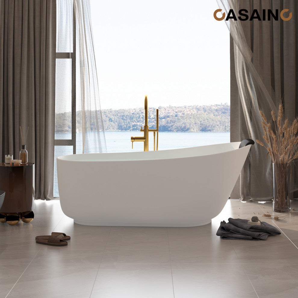 59in White Solid Surface Freestanding Soaking Bathtub with Drain, 67in