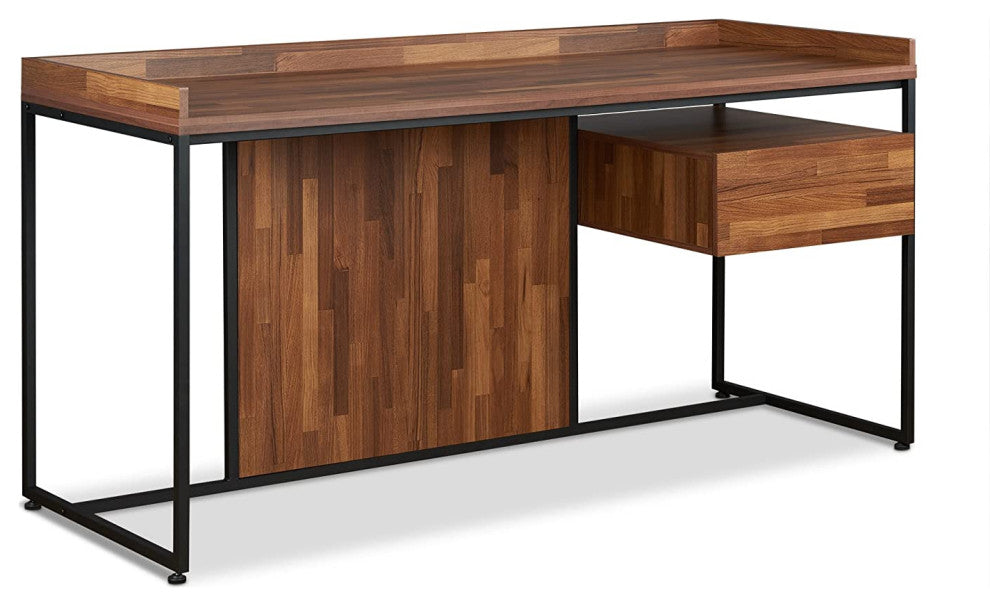 Spacious Desk, Sled Metal Base and Rectangular Top With Raised Edges, Walnut