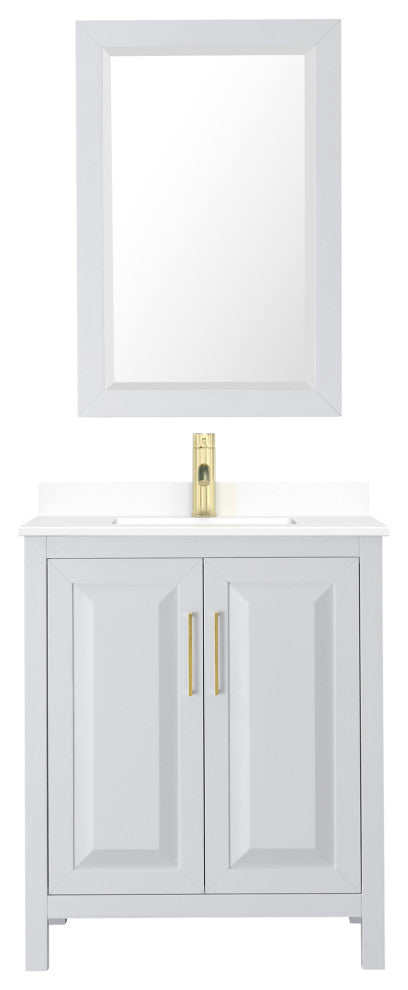 30"SGL Vanity White, White Cult. Marble Countertop, Sink, 24"Mirror, Gold Trim