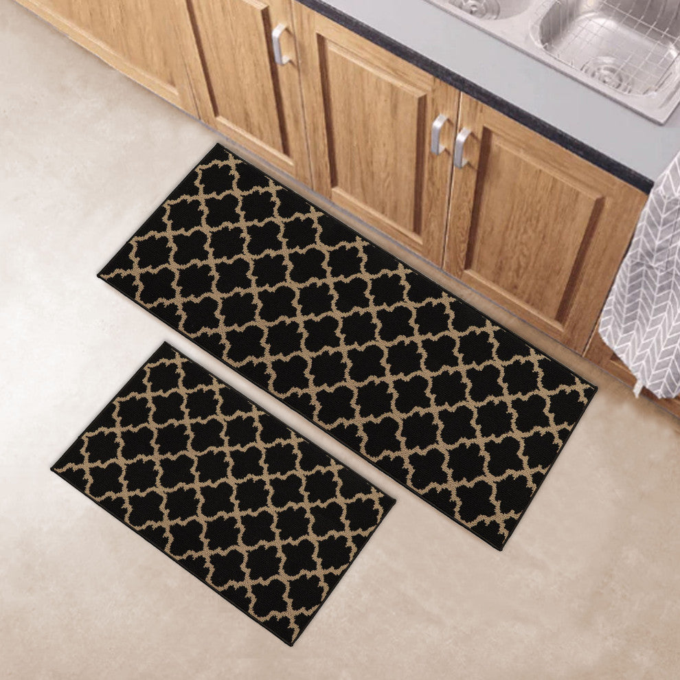 Wool Effect Arabesque, Black/Tan, Kitchen Runner Rug