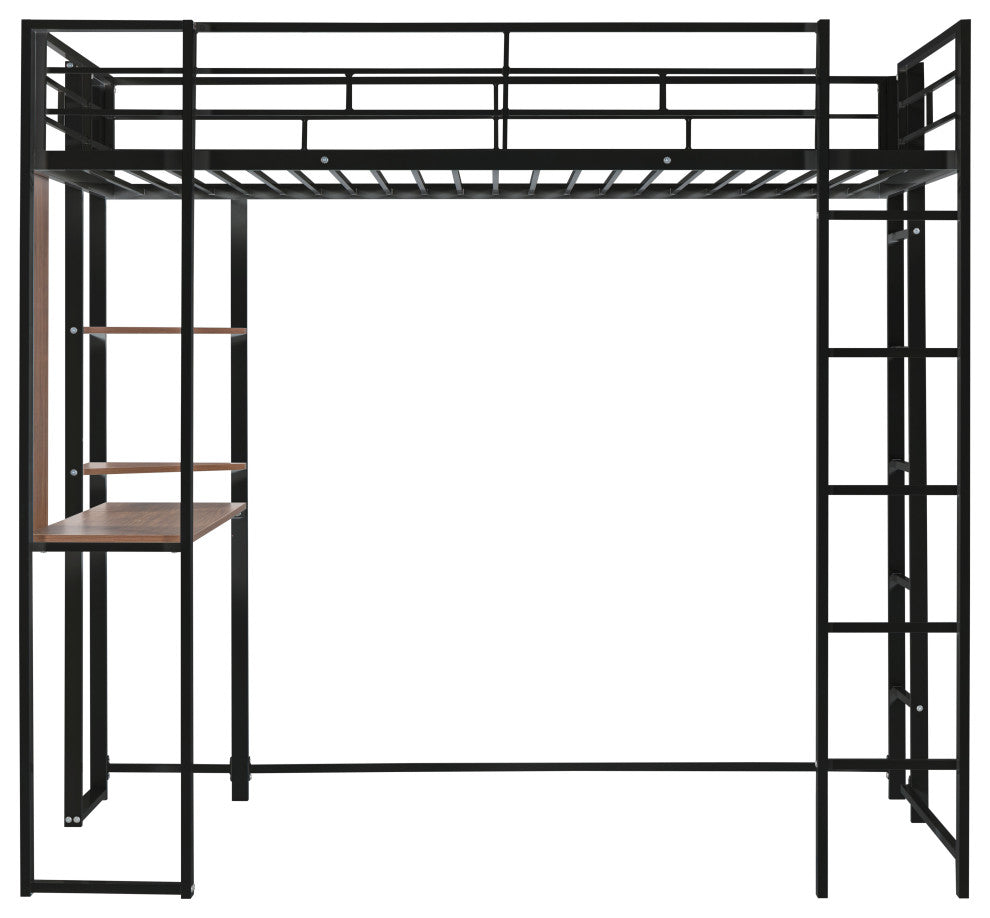 Gewnee Twin Metal Loft Bed with 2 Shelves and one Desk