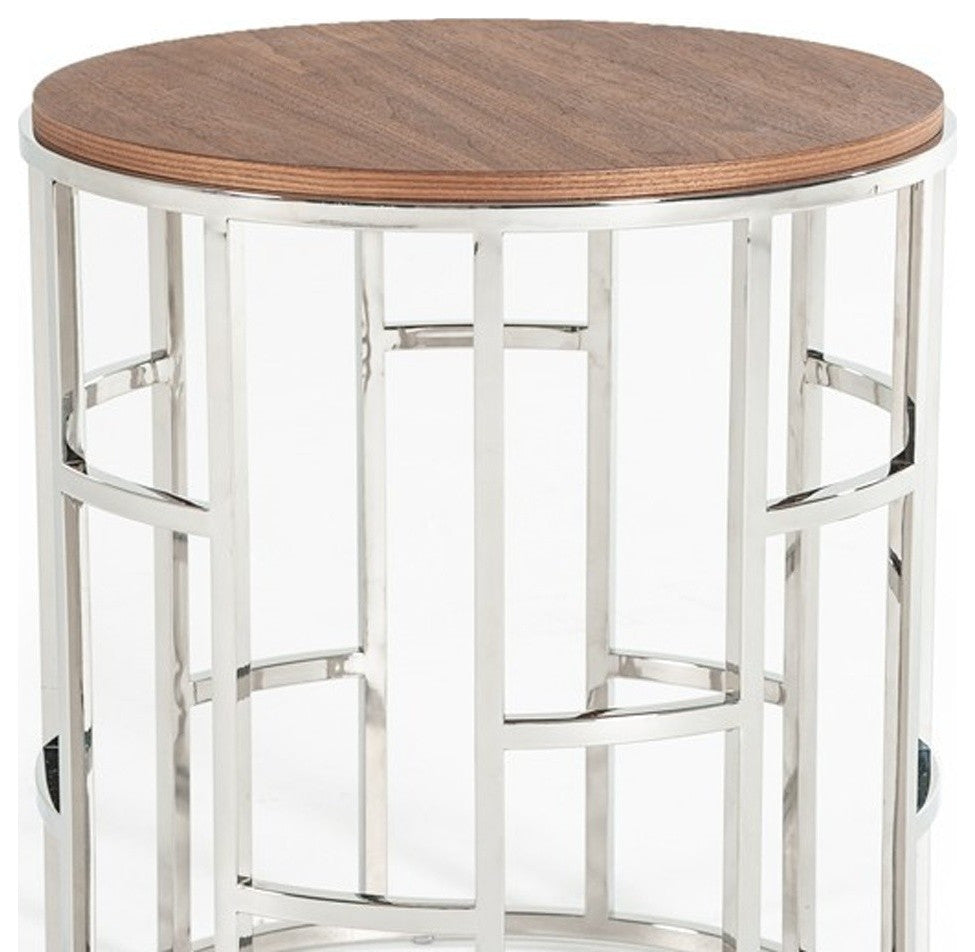 Stylish Silver And Walnut Round Geometric End or Side Table