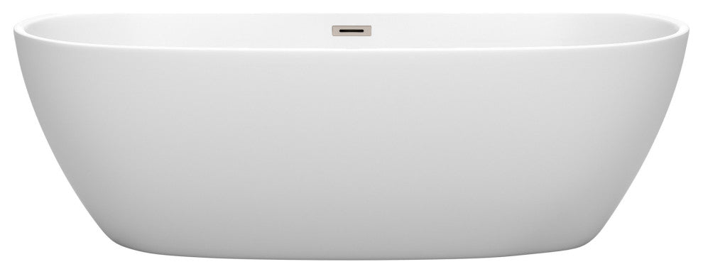 Juno 71" Freestanding Matte White Tub, Brushed Nickel Drain and Overflow Trim