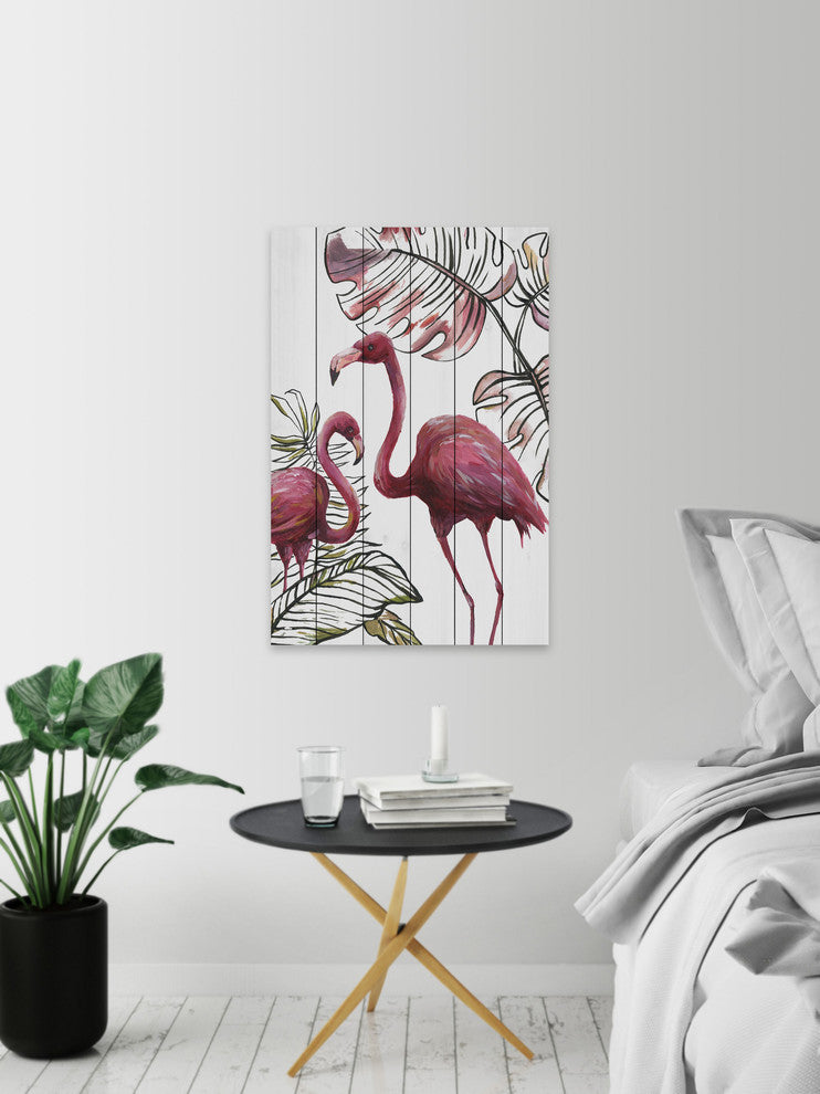 "Tropical Flamingos I" Painting Print on White Wood, 12"x18"