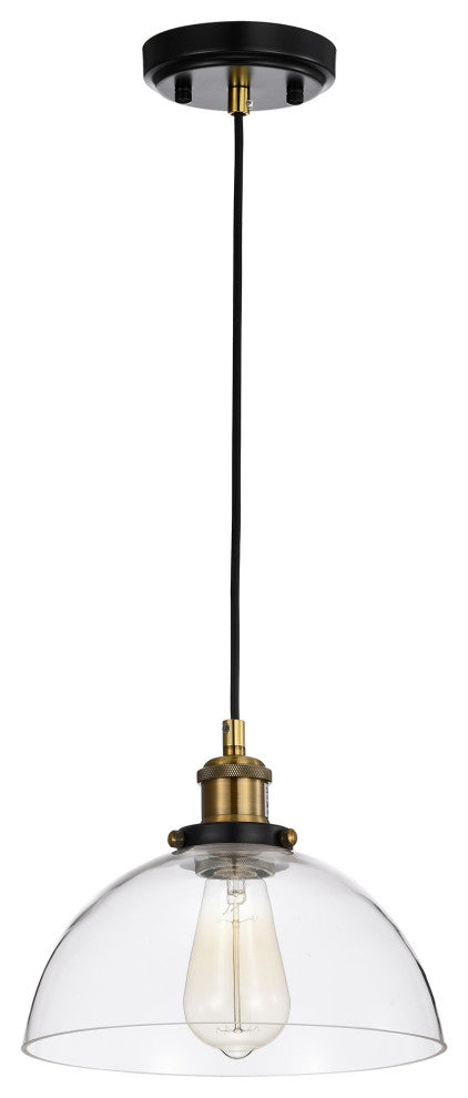 10 in. 1-Light Black and Antique Brass Pendant Light With Clear Dome Glass Shade