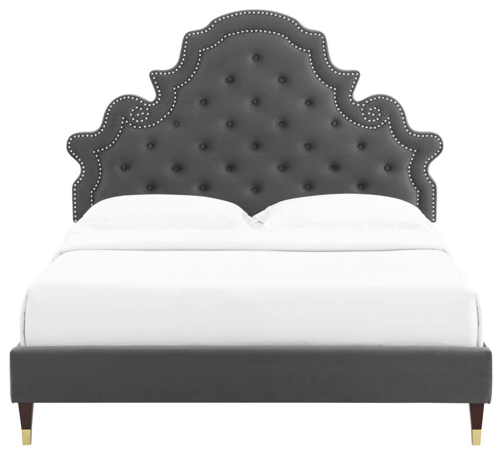 Tufted Platform Bed Frame, Full Size, Velvet, Gray, Modern Contemporary