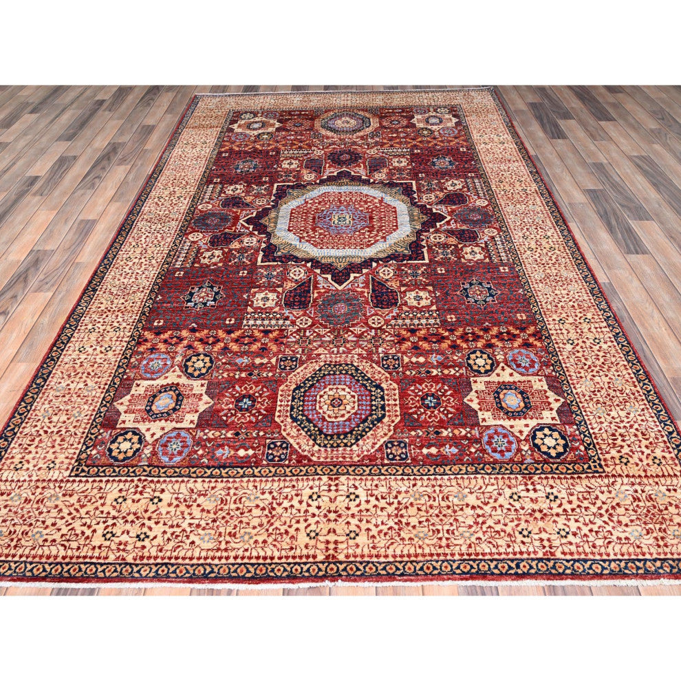 Vermilion Red Hand Knotted Mamluk Design 200 KPSI Natural Wool Rug 5'9"x9'7"