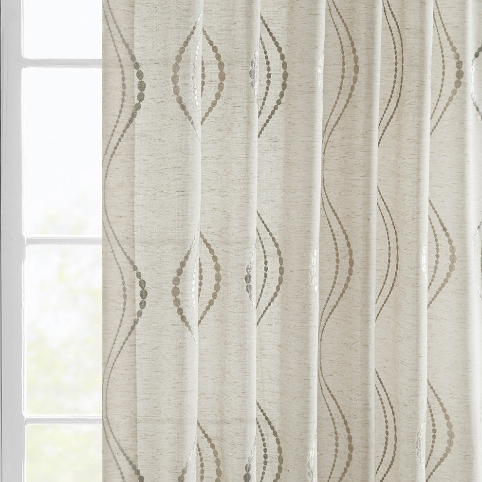 Suez Natural Embroidered FauxLinen Sheer Curtain Single Panel, 50"x96"