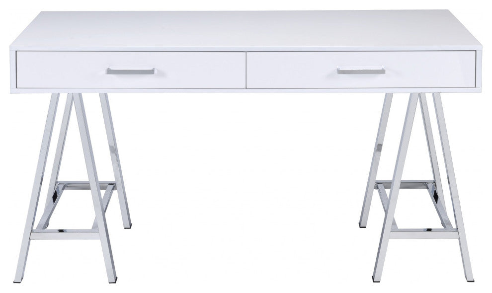 54"x22"x31" White and Chrome Glossy Polyester Desk