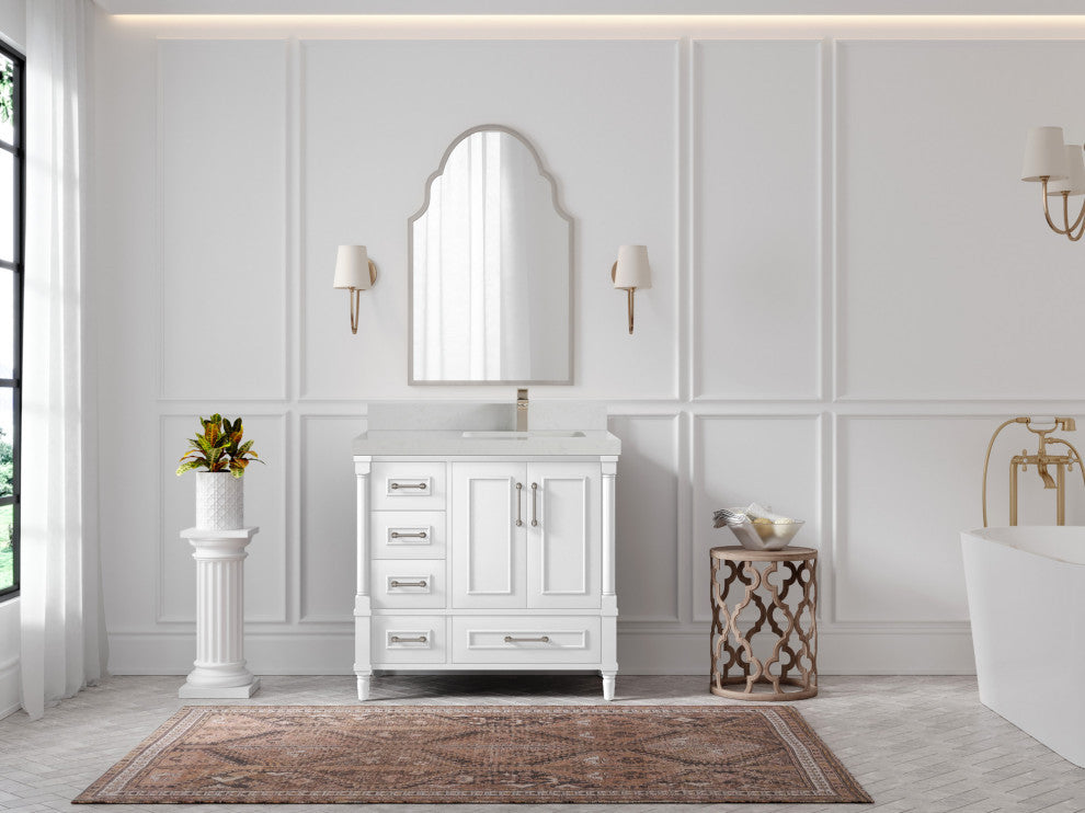 Aberdeen 36 Right Offset Bath Vanity in White 2" Carrara Quartz