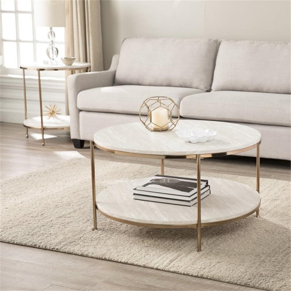 Southern Enterprises Silas 33.25" Round Faux Stone Top Coffee Table in White