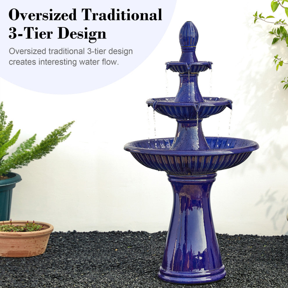 Cobalt Blue 3-Tier Ceramic Outdoor Fountain