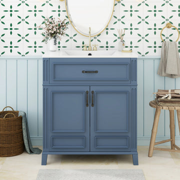 30 inches Freestanding Bath Vanity Set, Blue, Integrated Ceramic Sink