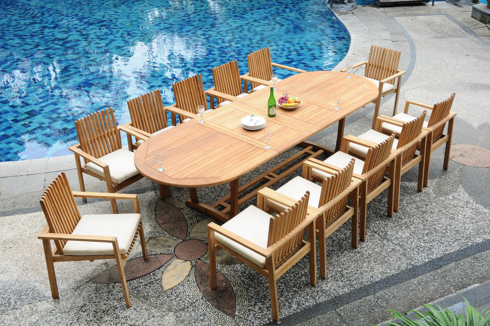 13-Piece Outdoor Teak Dining Set: 117" Masc Oval Table, 12 Clip Stacking Chairs