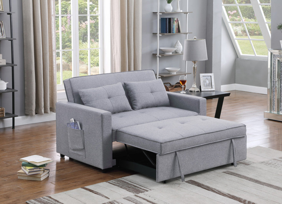 Zoey Linen Convertible Sleeper Loveseat With Side Pocket, Light Gray