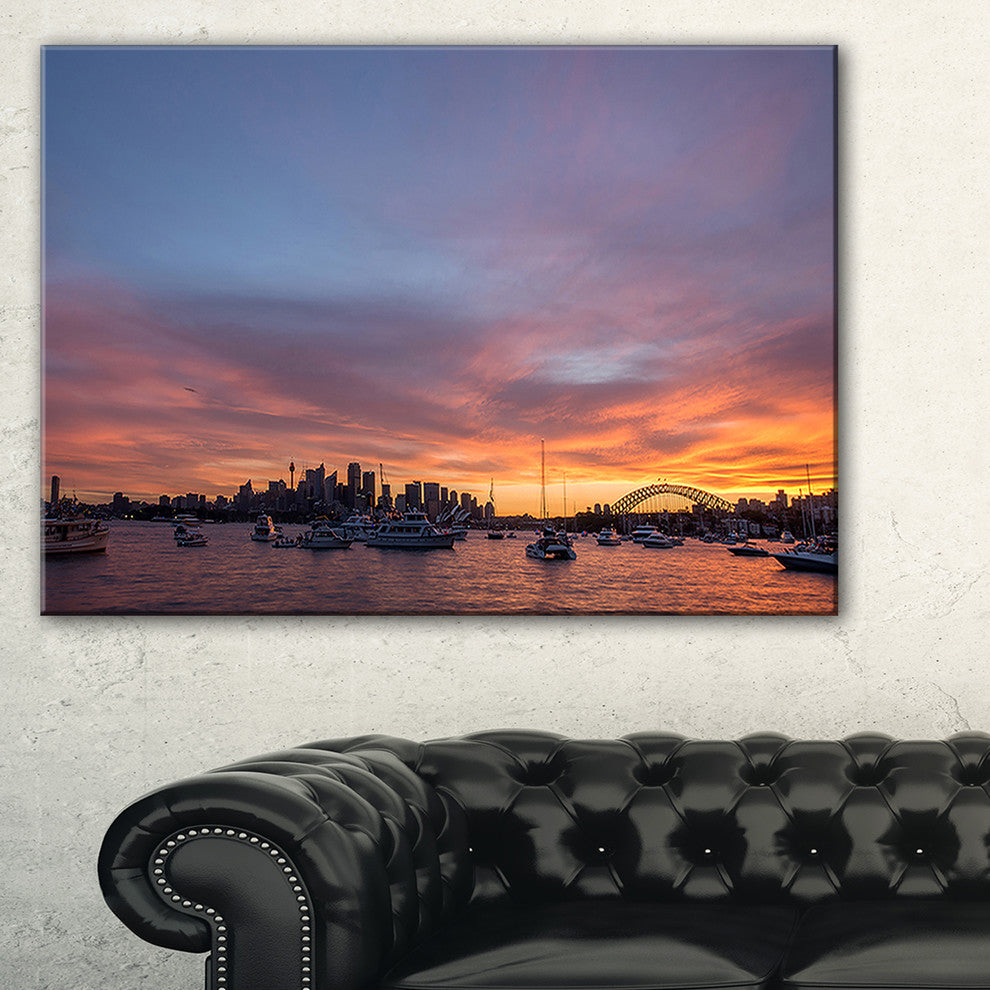 "Ferry in Sydney Harbor At Sunset" Landscape Art Print Canvas, 32"x16"