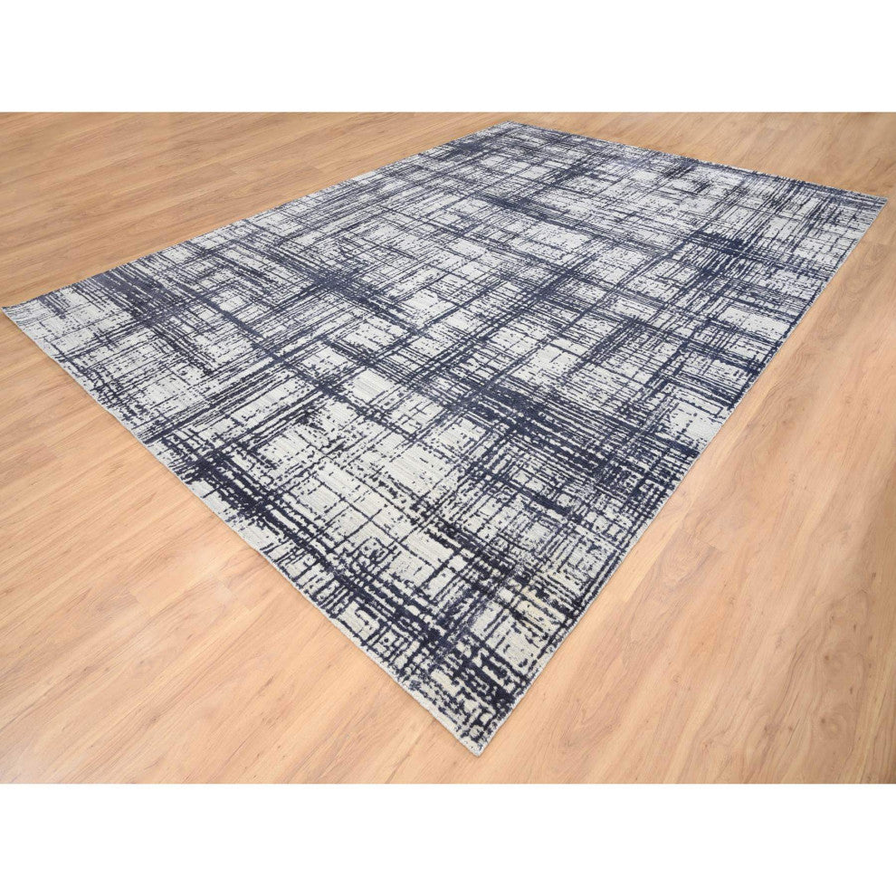 Black, Modern Erased Lines Design, Wool and Silk Hand Loomed Rug, 10'0"x13'9"