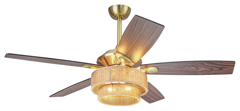 52 in Farmhouse Brushed Gold Ceiling fan with Hemp Rope Shade