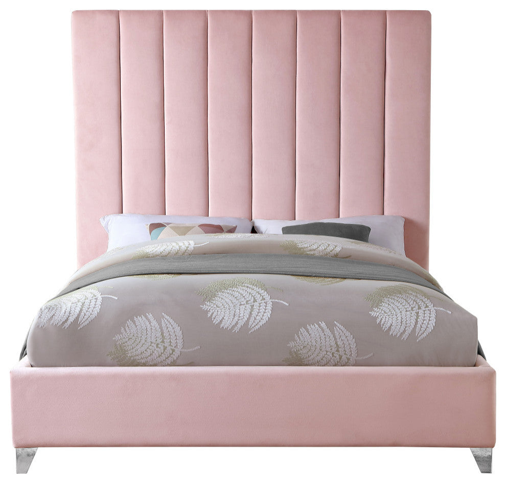 Via Velvet Upholstered Bed, Pink, King