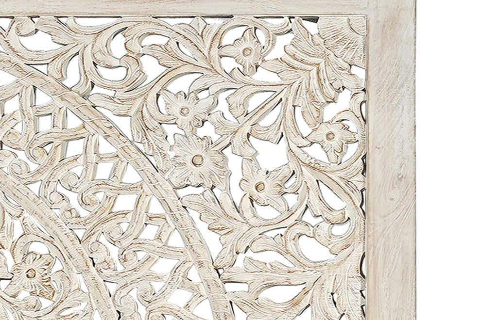 Milano Floral Carved Solid Wood Queen Panel Bed, White, King