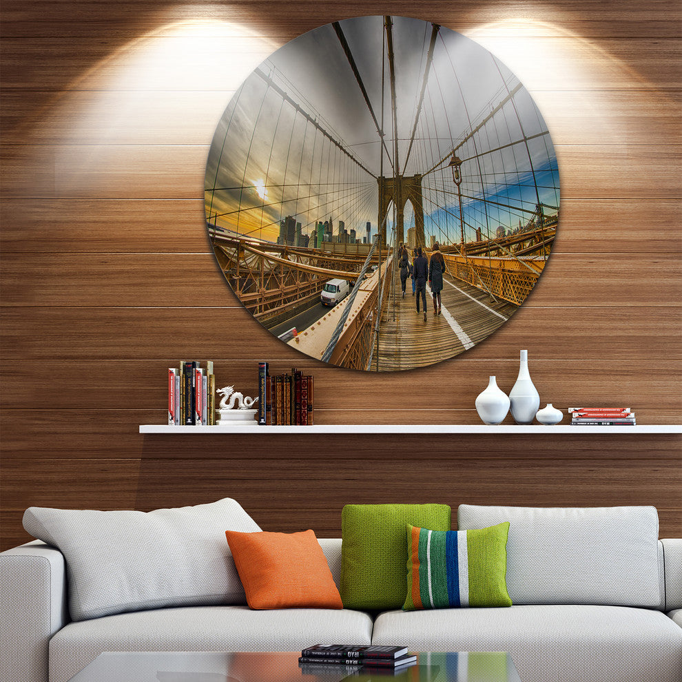 Strolling On Brooklyn Bridge, Landscape Photo Round Metal Wall Art, 23"