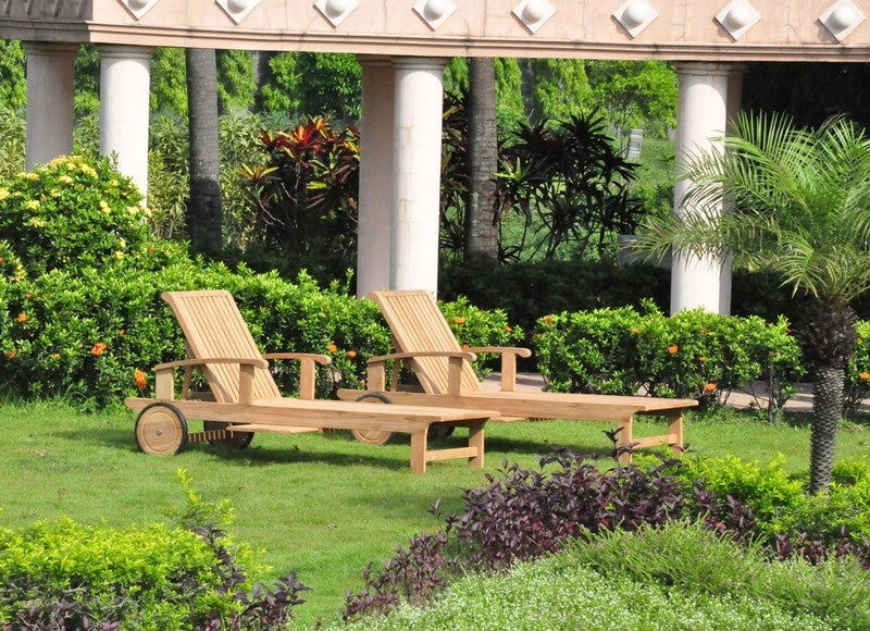 Teak Outdoor Patio Sack Chaise Lounger With Side Tray & Wheels, Set of 2